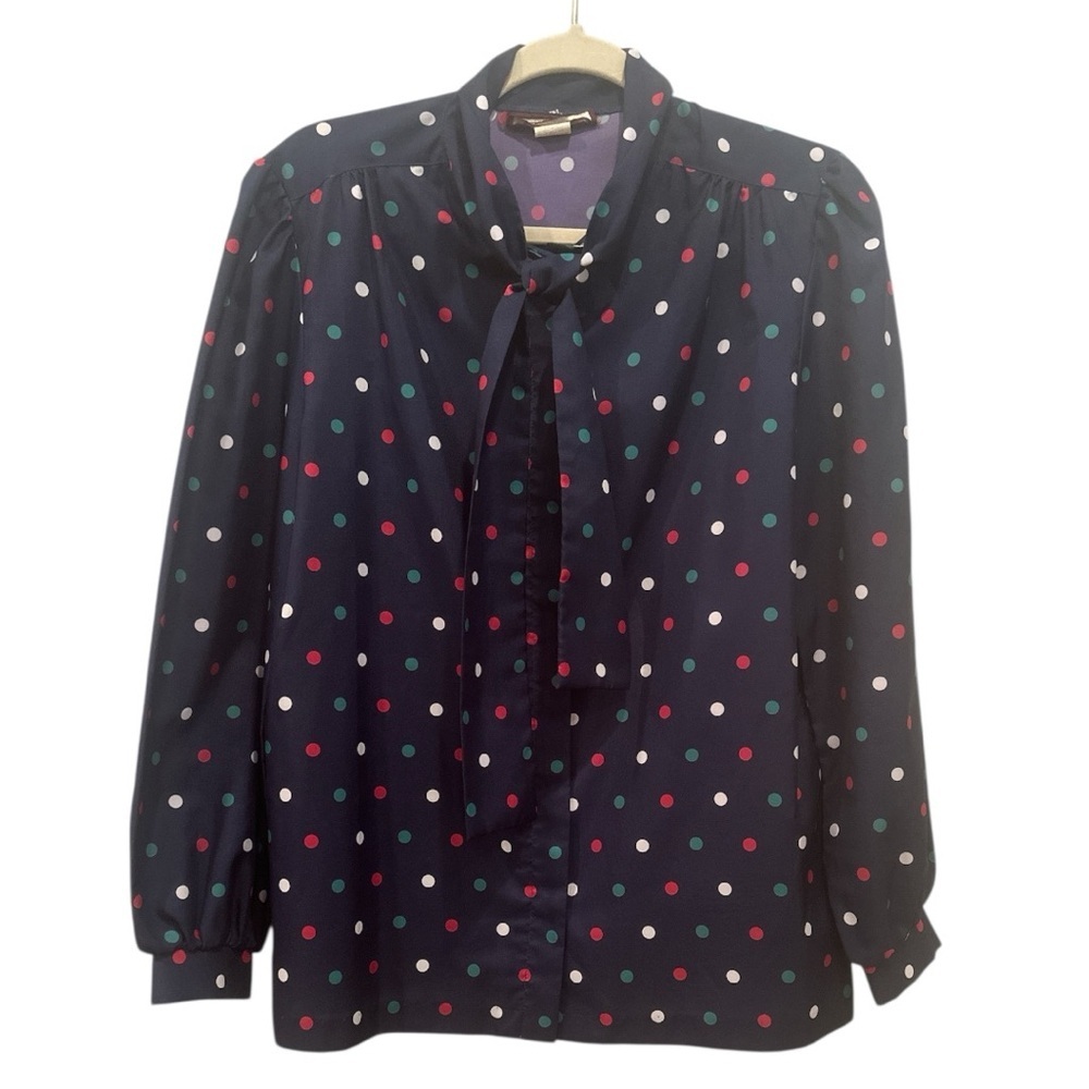 Vintage Navy Polka Dot Blouse Red Green Christmas Holidays Front Tie Sz 14